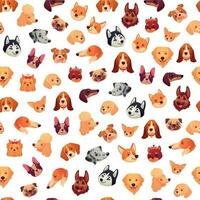 Seamless dogs faces. Funny dog face, puppy pet head and animals group vector background pattern