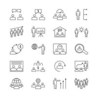 Business people icons. Office teamwork group, team brainstorm or work presentation and business partners isolated line icon vector set