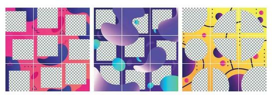 Fluid shapes post template. Colorful abstract trendy social media photo frames posts, puzzle grid templates layout vector set