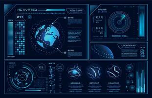 Futuristic hud interface. Future hologram ui infographic, interactive globe and cyber sky fi screen vector background illustration