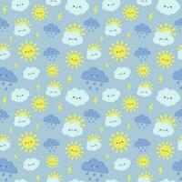 Cute rain sky pattern. Smiling happy sun, thunderclouds with lightning and rainy day clouds seamless vector illustration