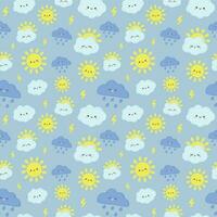 Cute rain sky pattern. Smiling happy sun, thunderclouds with lightning and rainy day clouds seamless vector illustration