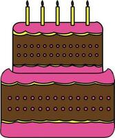 Colorful decorated cake with burning candles. vector