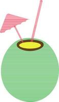 Pink umbrella with straw in green coconut. vector