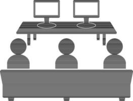 Flat illustration of sitting businessman and computer on table. vector