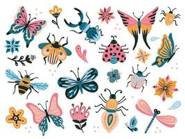 linda insectos. niño dibujo insectos, volador mariposas y bebé mariquita. flor mariposa, mosca insecto y escarabajo plano vector conjunto