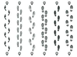 Footsteps track routes. Footprint trail, footstep imprint way route and walking foot steps map pins isolated vector illustration