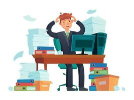 Manager overworked. Office overwork, unorganized paperwork and business work document sheets piles cartoon illustration vector