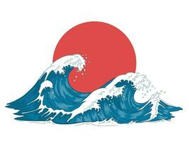 Japanese wave. Japanese big waves, raging ocean and vintage sea water vector illustration