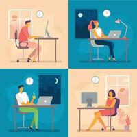 Day or night work. Working late, overtime office works and computer worker nights. Lark and owl workflow flat vector illustration