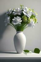 White flowers in vase on white table. 3D rendering. photo