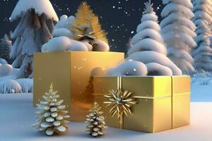 Christmas gift box with christmas tree in the snow 3D rendering photo