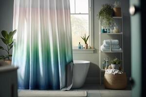 Madison Park seersucker shower curtain with ombre print. photo