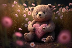 Teddy bear with heart in the meadow with pink and white daisies. photo