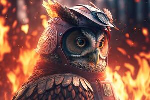 Firefighter owl on fire background. photo