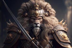 Portrait of a brave lion in armor and with a sword on a dark background. photo