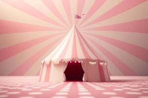 Pastel pink 3D circus tent on pink and white background. Generative AI photo