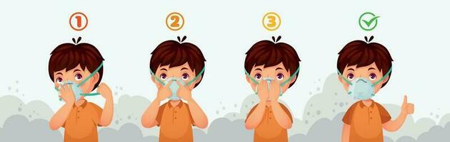 máscara n95 instrucción. niño aire contaminación proteccion, polvo protector la seguridad respiración mascaras y pm2.5 defensa vector ilustración