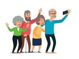 Old people selfie. Senior people taking smartphone photo, happy laughing group of seniors cartoon illustration vector