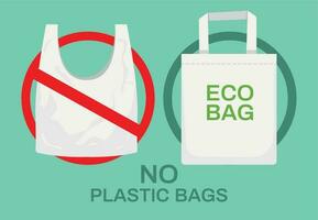 Plastic or textile bags. Plastics rubbish, polythene shopping bags and recycle ecological cloth handbag. Ecology vector illustration