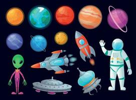 espacio elementos. extraterrestre OVNI, universo planeta y misil cohetes planetas juego diseño dibujos animados gráficos vector articulo conjunto