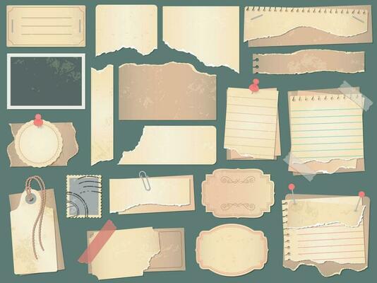 Old scrapbook paper. Crumpled papers pages, vintage scrapbooks papers and retro photo book scraps vector illustration