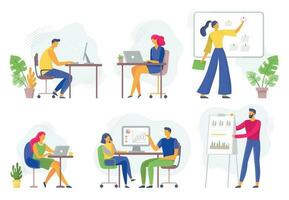 Office workflow. Working business people, remote teamwork and workers team collaboration flat vector illustration set