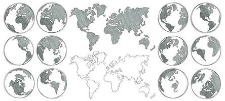 Sketch map. Hand drawn earth globe, drawing world maps and globes sketches isolated vector illustration