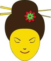 Geisha icon with flower in hair and chopstick with stroke. vector