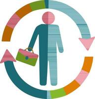 Half shadow of businessman with suitcase on circular arrow. vector