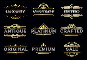 Art deco label. Retro luxury geometric ornaments, vintage ornament frame and hipster decorative lines labels vector illustration set