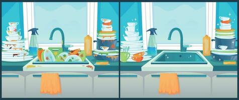 Lavado platos en hundir. sucio plato en cocina, limpiar platos y sucio vajilla dibujos animados vector ilustración