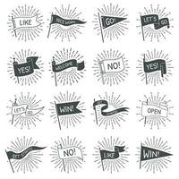 Vintage flag banner. Hand drawn retro flags welcome, lets go and get started scroll banners with starburst rays isolated vector set