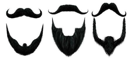 Moustache and beard. Man beards style, curly moustaches mask and vintage fake mustache isolated vector set