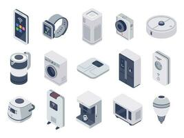 Isometric internet of things devices. Smart watch, household appliances and wireless controlled microwave 3d vector illustration set