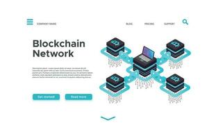 Blockchain landing page. Isometric cryptocurrency mining vector web design