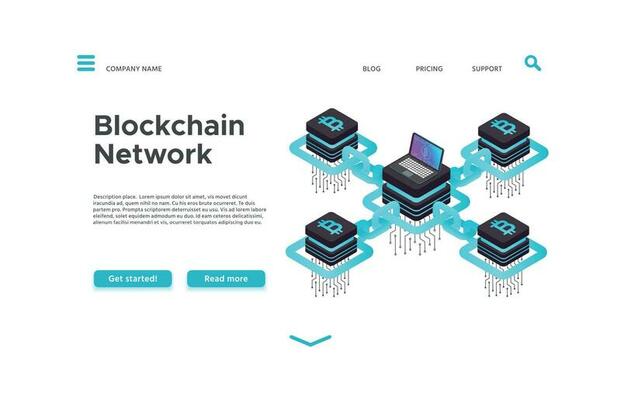 Blockchain landing page. Isometric cryptocurrency mining vector web design