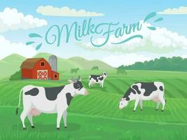 Leche granja campo. lechería granjas paisaje, vaca en rancho campos y país agricultura vacas vector ilustración