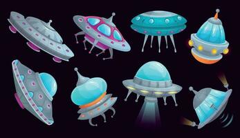 Cartoon ufo spaceship. Alien spacecraft futuristic vehicle, space invaders ship and flying saucer isolated vector set