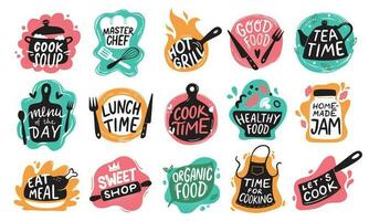 Cooking food lettering. Kitchen badge logos, baking foods typography and cook labels vector set