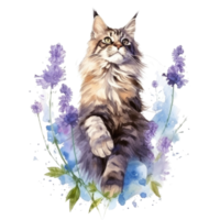 Watercolor painting of Maine Coon Cat isolated transparent background, Digital art, image file format, png