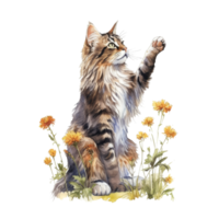 Watercolor painting of Maine Coon Cat isolated transparent background, Digital art, image file format, png