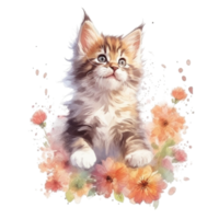 aguarela pintura do fofa maine coon gatinho isolado transparente fundo, digital arte, png imagem Arquivo formatar, ai generativo