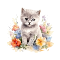Watercolor painting of cute British Shorthair Kitten isolated transparent background, Digital art, image file format, png