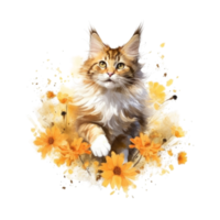 Watercolor painting of Maine Coon Cat isolated transparent background, Digital art, image file format, png