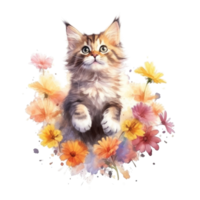 aguarela pintura do fofa maine coon gatinho isolado transparente fundo, digital arte, png imagem Arquivo formatar, ai generativo