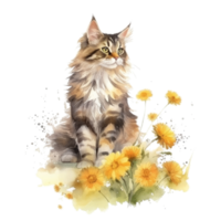 Watercolor painting of Maine Coon Cat isolated transparent background, Digital art, image file format, png