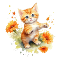 Watercolor painting of Orange Kitten isolated transparent background, Digital art, image file format, png