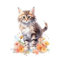 aguarela pintura do fofa maine coon gatinho isolado transparente fundo, digital arte, png imagem Arquivo formatar, ai generativo