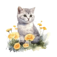 Watercolor painting of cute British Shorthair Kitten isolated transparent background, Digital art, image file format, png